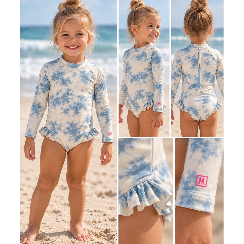 Munster Girls Blue Cream Tie Dye Long Sleeve One Piece Swimsuit Size 4